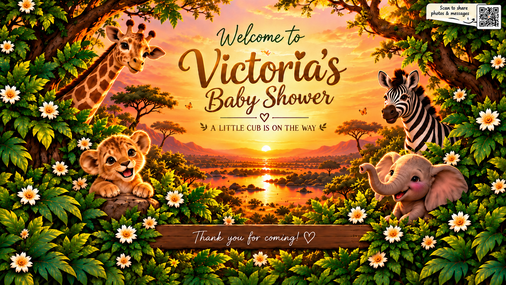 Victoria's Baby Shower safari welcome screen. A little cub is on the way.