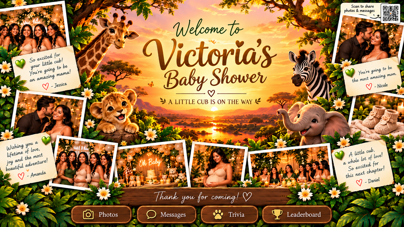 Victoria's baby shower safari welcome and memory wall
